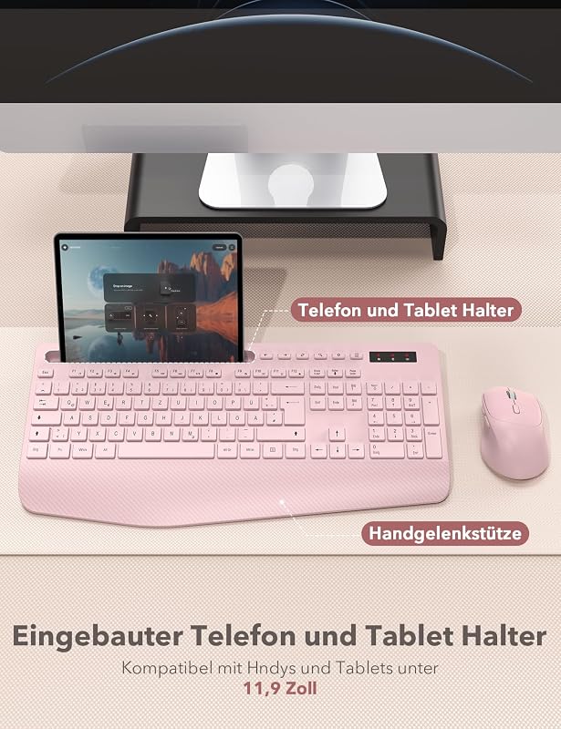 SABLUTE Ergonomikus Vezeték Nélküli Billentyűzet és Egér Szett, Csuklótámasz, Telefontartó, Rosa - Pink
