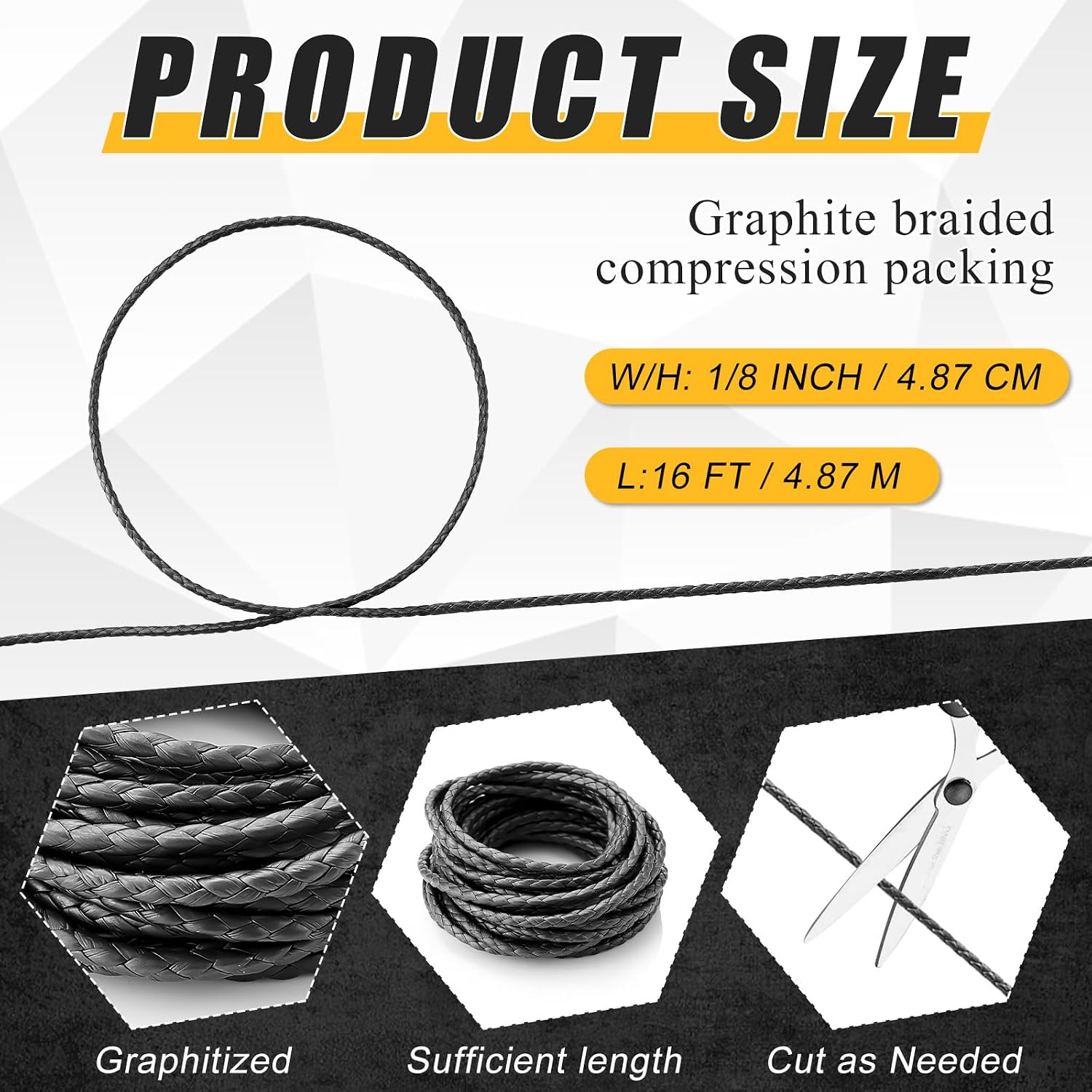 Frienda 1/8" x 1/8" 16ft Flexible Graphite Braided Compression Packing for Pump Valve or Mechanical Seal, Pump Gland or Valve Stem or Mechanical Seal