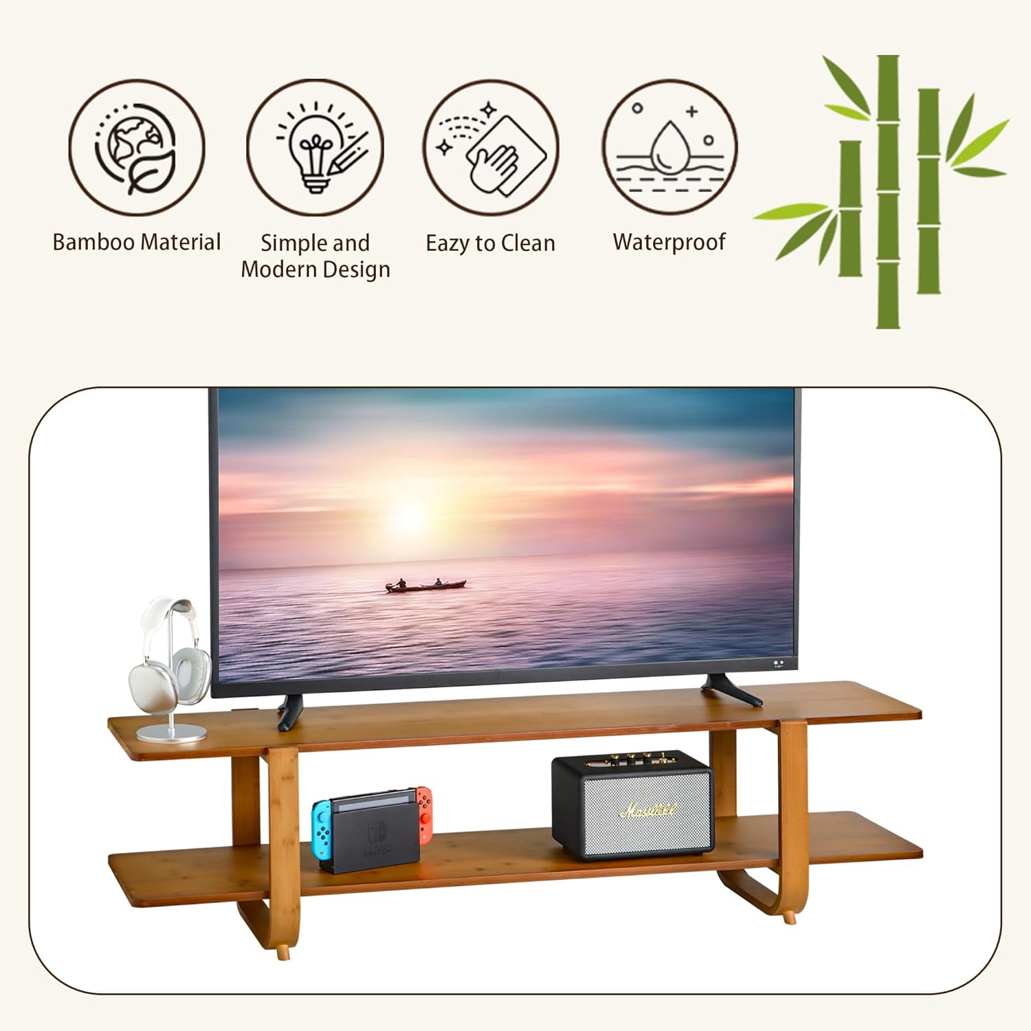Bamboo TV Stand for TVs up to 65", Media TV Console Table with Storage, Accent Entertainment Center with Shelf, Modern TV Stand for Living Room, Bedroom, 55"(L), Walnut - Image 5
