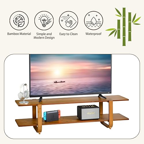 Miniatura 5 de Soporte de TV de bambú para televisores de hasta 65 pulgadas, mesa consola de TV multimedia con almacenamiento, centro de entretenimiento con
