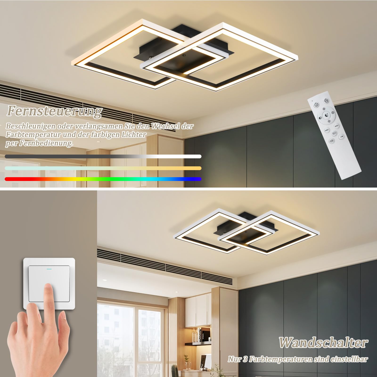 Homefire LED Deckenleuchte RGB Farbwechsel Deckenlampe Schwarz 40W Dimmbar | Modern Schlafzimmerlampe mit Fernbedienung, Eckig Deckenleuchten, Metall Küchenlampe für Jugendzimmer, Wohnzimmer, Gaming
