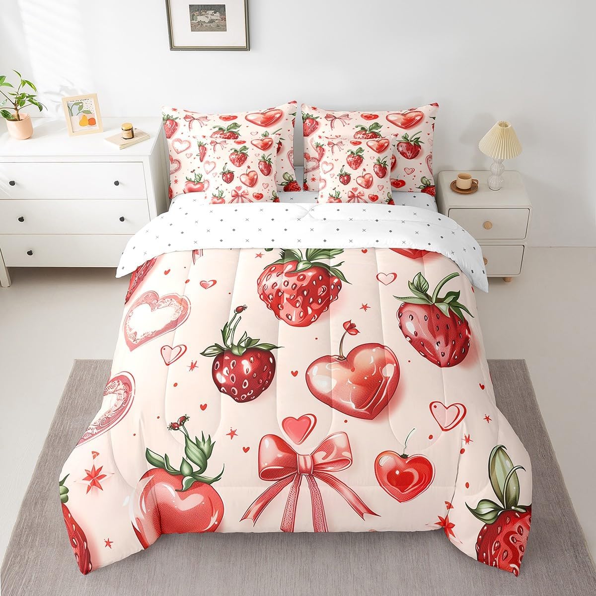 Manfei 7 Pieces Hot Pink Lips Comforter Set King Size, Pink Bowknot Bedding Set for Kids Girls Women, Watercolor Bow Lips Flower Bed in a Bag with Comforter, Fitted Sheet, Top Sheet and Pillowcases