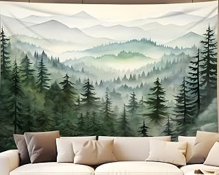 QGHOT Misty Forest Tapestry, Sage Green, 80x60in | Nature Mountain, Watercolor Landscape Wall Art, Wall Hanging, For Bedroom Living Room Decor