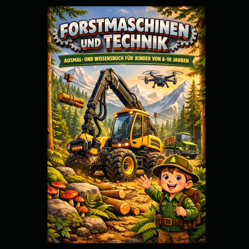 Forstmaschinen und Technik: Ausmal- und Wissensbuch für Kinder von 6-10 Jahren | 40 Fahrzeuge und Geräte zum Ausmalen und Entdecken