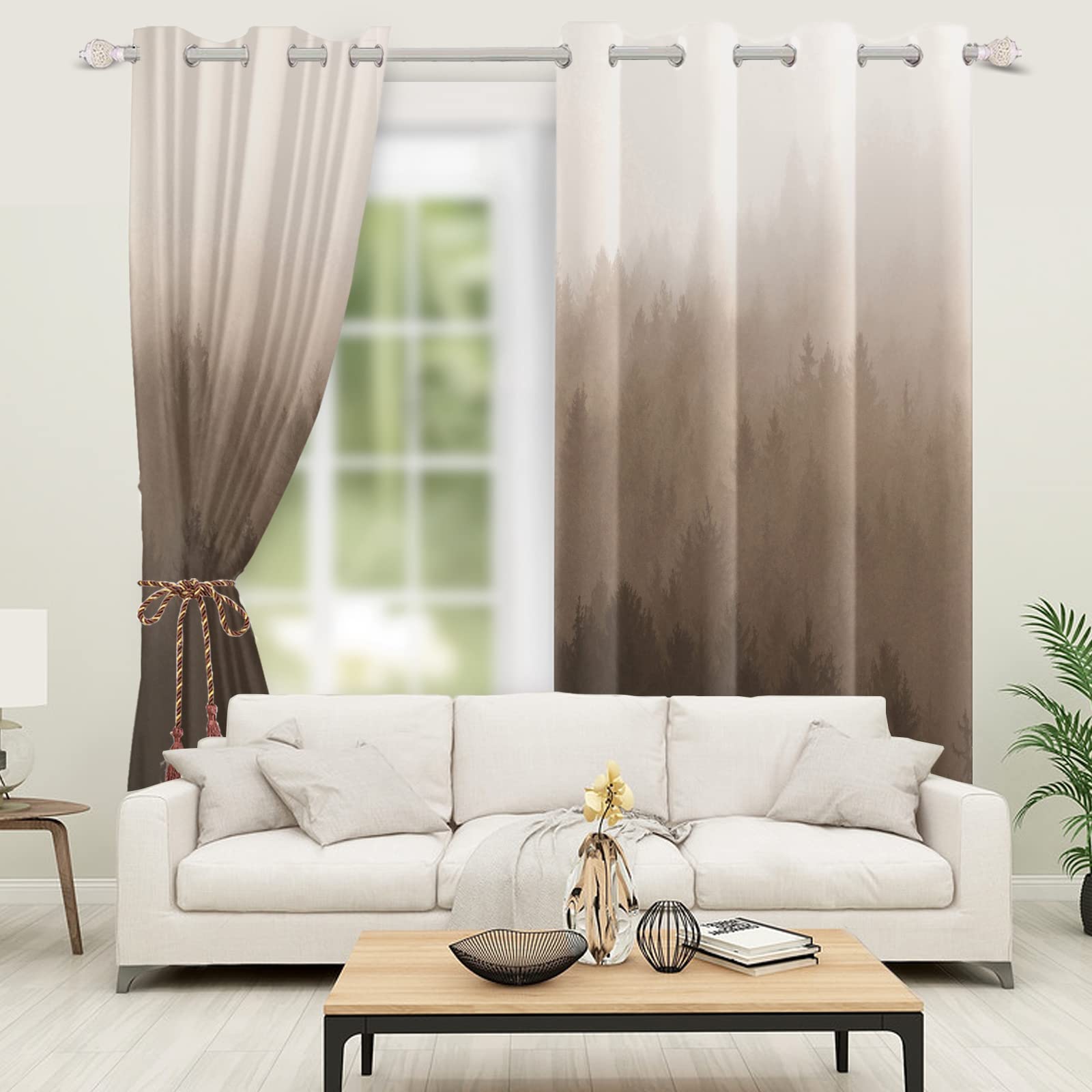 Braune Ombre-Waldvorhänge 120 x 234 cm (B x H) Nebelwald, Thermovorhang Verdunkelungsvorhänge für Wohn- und Schlafzimmer, modernes ästhetisches Ösen-Design, 2er Set