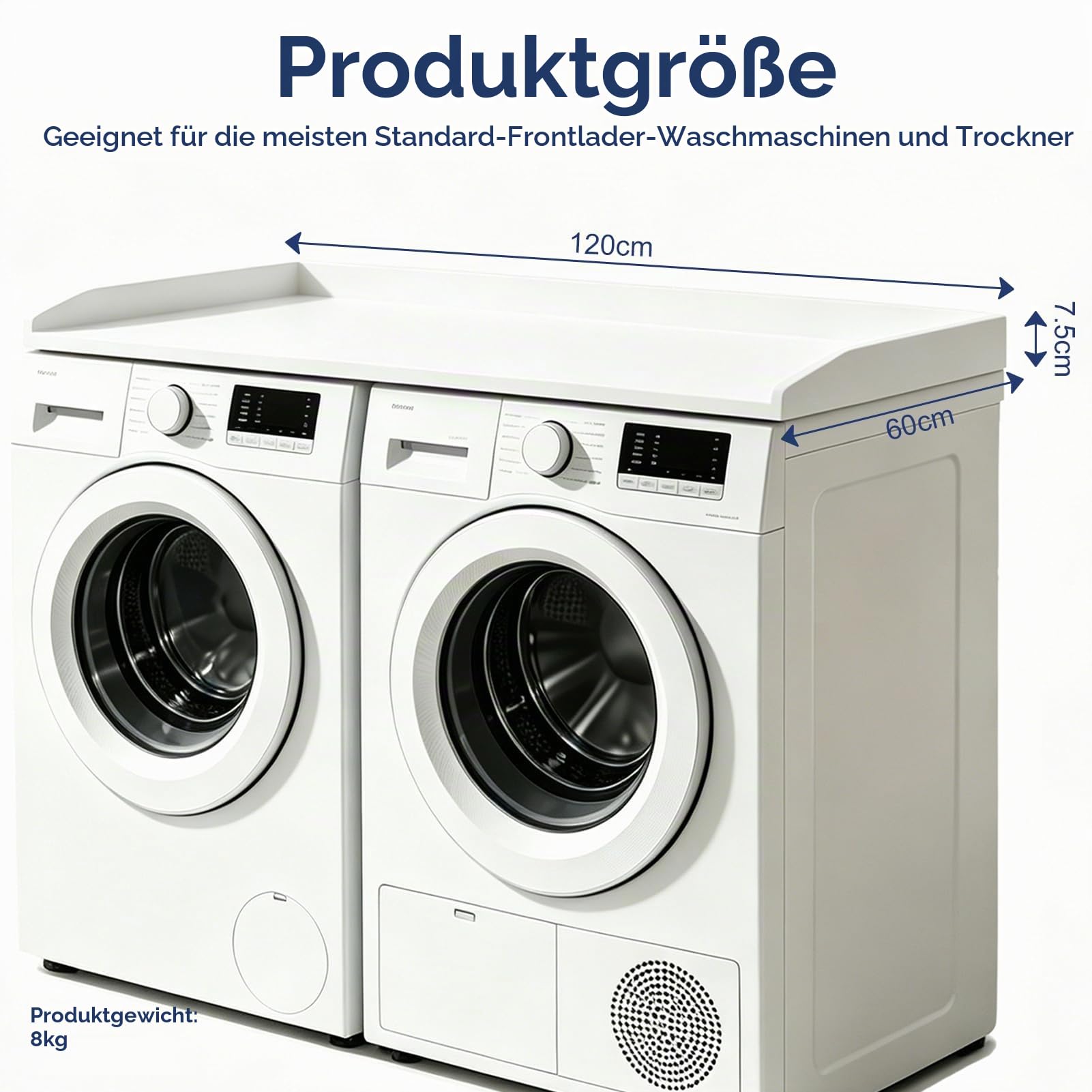 Arbeitsplatte Waschmaschine Trockner, Waschmaschinen Auflage Holz, Wasserdicht & Schneller Aufbau, Laundry Countertop für Waschmaschine & Trockner,bis 50 kg, 120×60×7.5cm (Weiß)