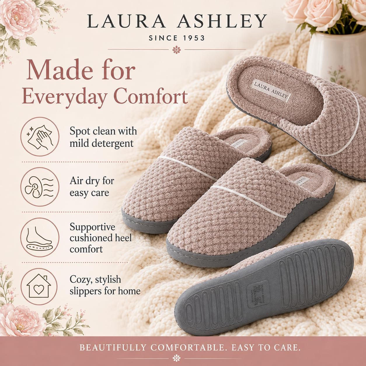 Laura Ashley Women's Spa Slip-On Rugged Scuff Slipper, Non-Slip House Slippers with Cushioned Insole for Ladies