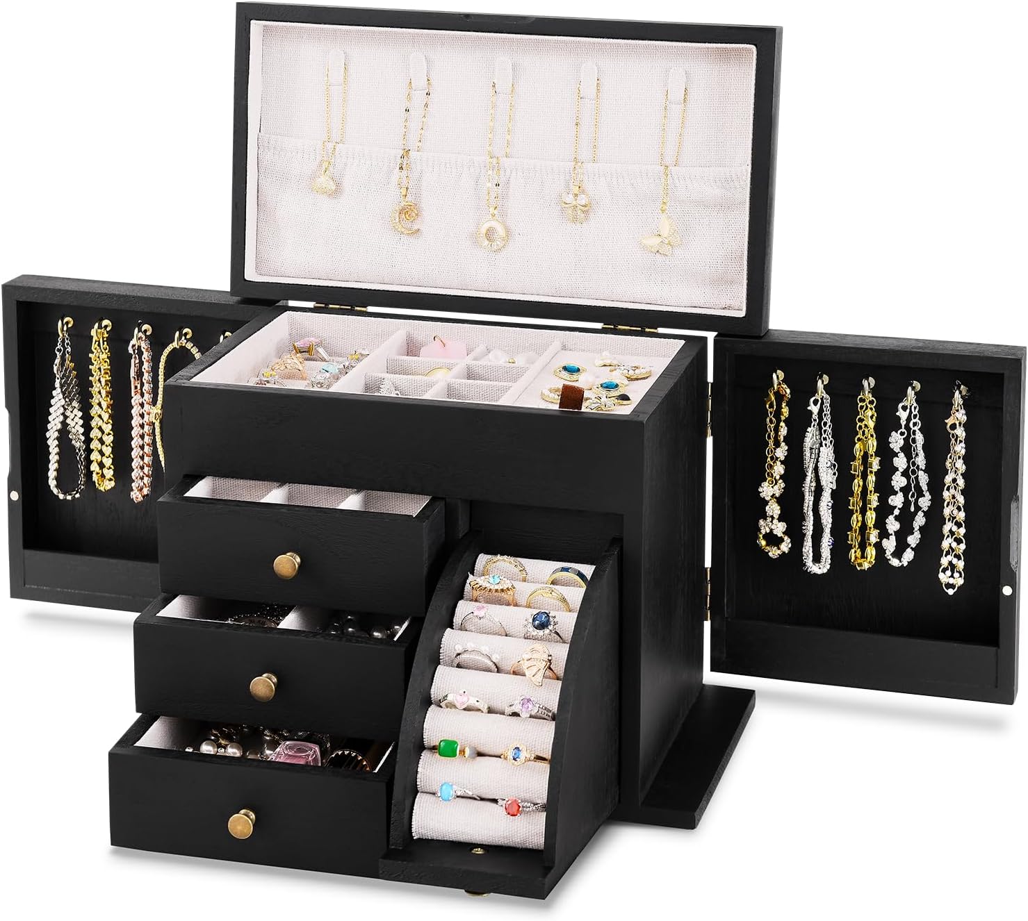 Jewelry Box Organizer, Solid Wood Jewelry Boxes for Women, Double Layer Jewelry Organizer Box Display Earring Necklace Bracelet Ring, Rustic Style Small Jewelry Box for Girls (Black)