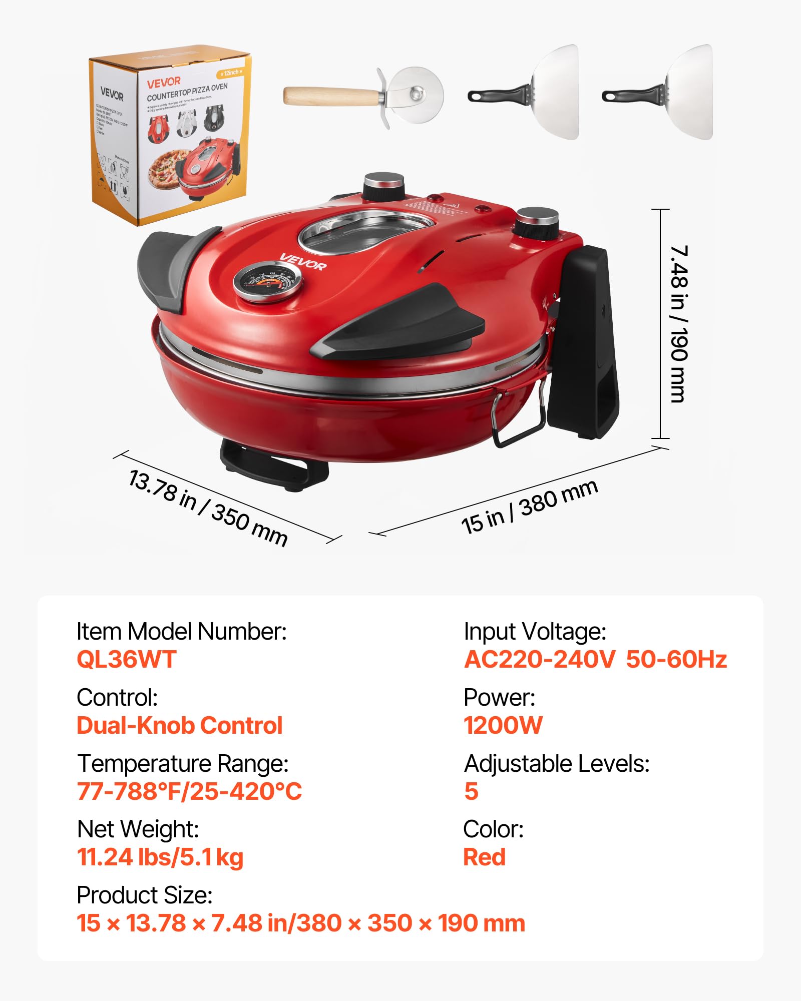 VEVOR Pizzaofen elektrischer Pizzamaker 1200 W Pizzakocher mit Cordieritstein, 5-stufige Temperaturregelung, Sichtfenster für präzises Kochen, erhitzt bis zu 420 °C, Backofen für Zuhause (rot)