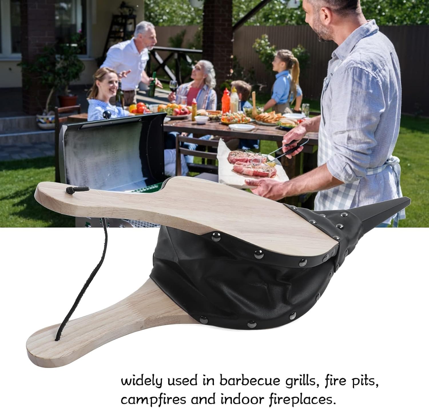 Cyrank Wood Fireplace Bellows, 19.09 x 7.87 Inch Outdoor Cooking Fan Air Blower Manual Operation Solidwood Heatproof Leather Fire Blower for BBQ Camping Fireplace