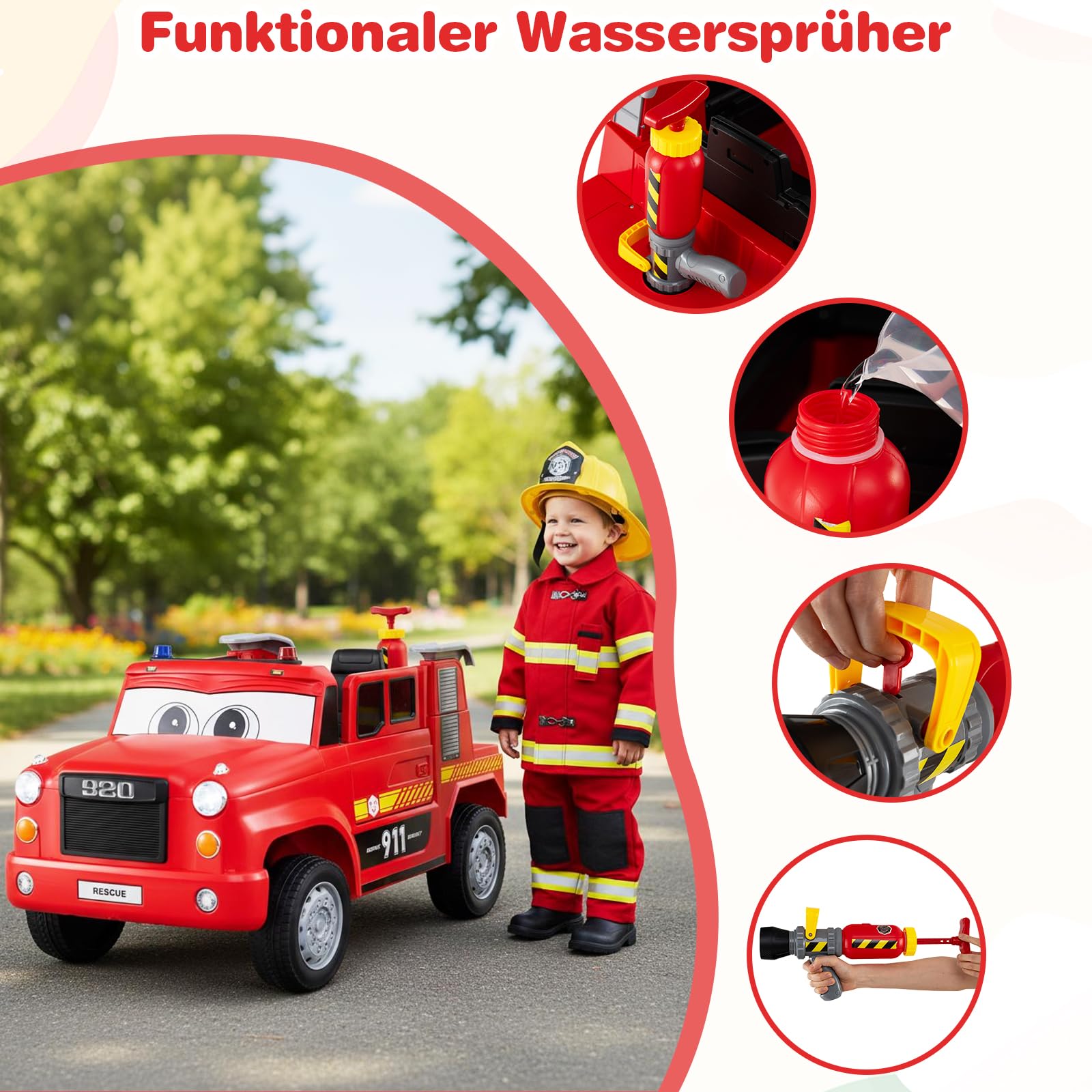 GOPLUS Kinder Elektro-Feuerwehrauto 12V, Elektrofahrzeug Feuerwehr mit Wasserspritze, Musik, Alarm & Lichtern, Kinderfahrzeug mit Fernbedienung & sanftem Anlauf, Kinderauto für Kinder ab 3 Jahre