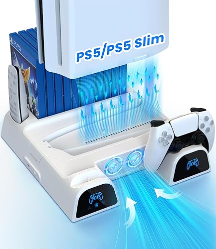 PS5 Slim Stand with 2 Cooling Fan, Dual Fast PS5 Controller Charging Station with Games Storage, PS5 Cooling Station PS5 Accessories Vertical Stand