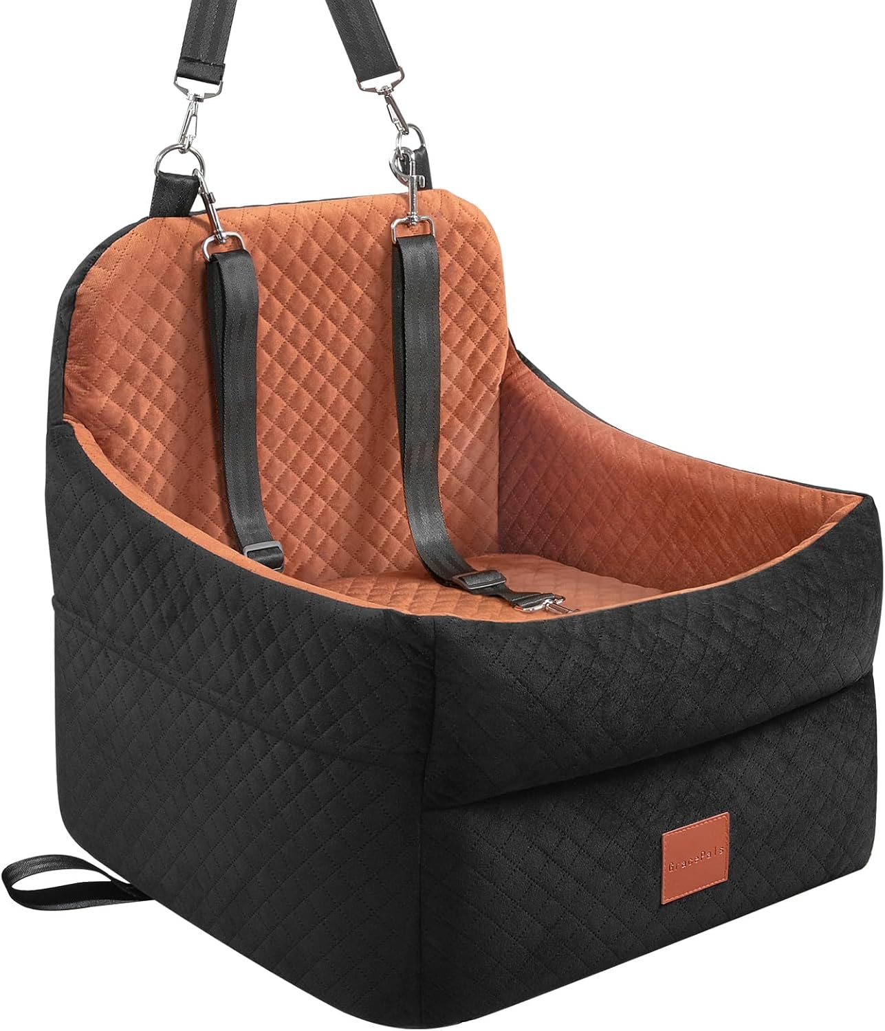 Dog Car Seat for Small/Medium Dogs Under 35lbs, Memory Foam Dog Booster Seats with Washable Removable Cover, Travel Portable Pet Car Seat with 2 Safety Belts and Storage Pockets (Black/Brown, Medium)