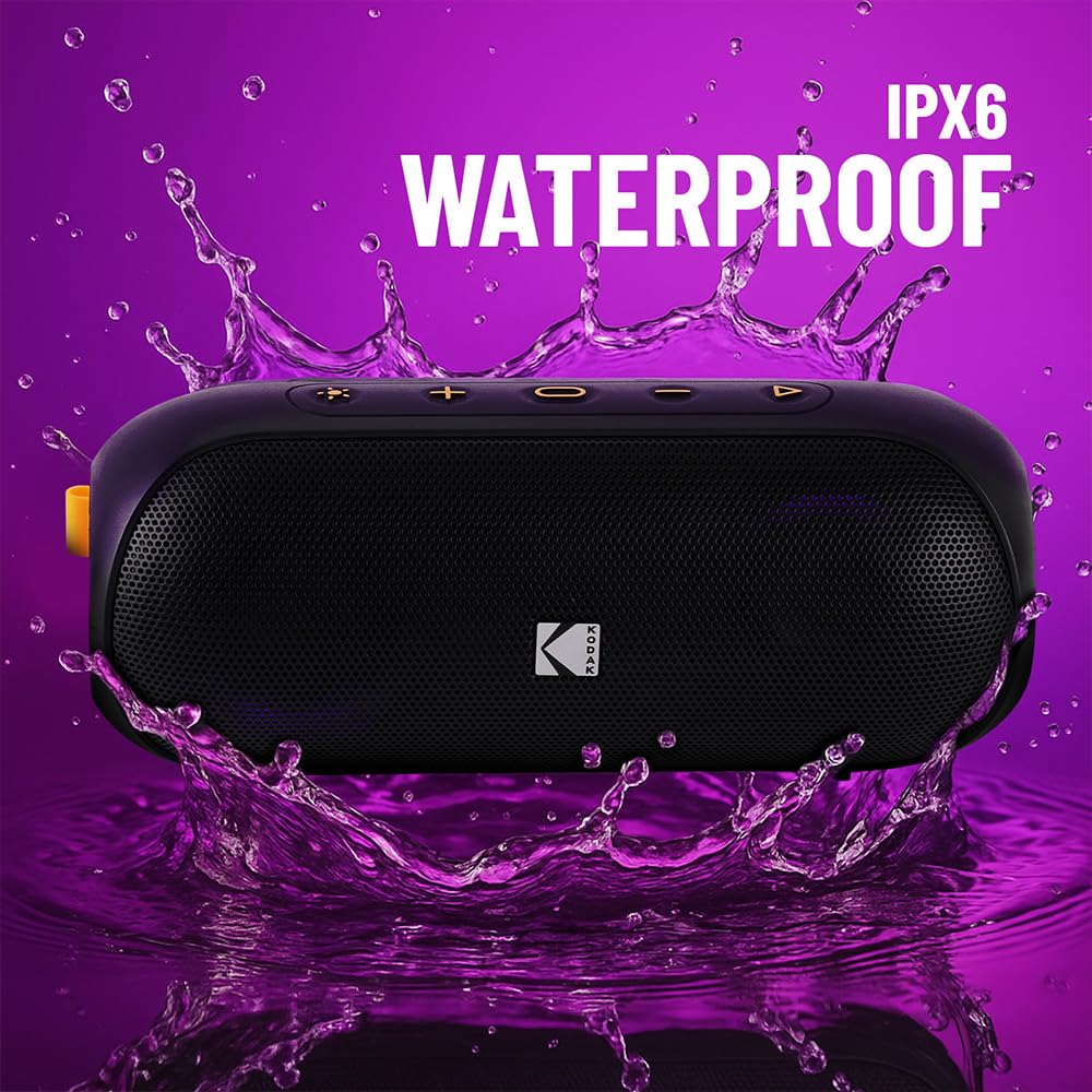 KODAK PWS - 2233 - Altavoz Bluetooth 20W RMS (2×10W), Resistente IPX6, Autonomía 8,5 Horas, TWS Estéreo, Batería 2000 mAh, Alcance 10 m, LED RGB, Entrada AUX y Lectura MicroSD, Carga USB-C