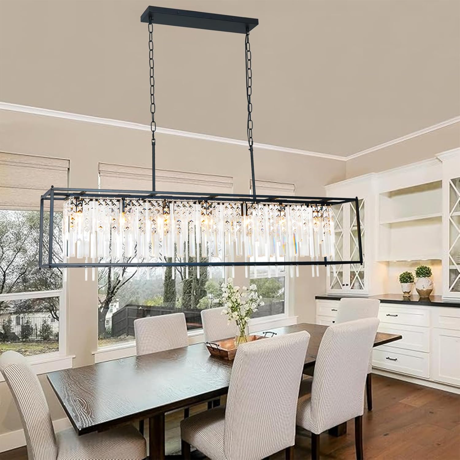 Modern Rectangular Crystal Chandelier, 51 inch Square Industrial Farmhouse Chandelier Black Metal Crystal Pendant Light for Dining Room Kitchen Island Living Room Bedroom