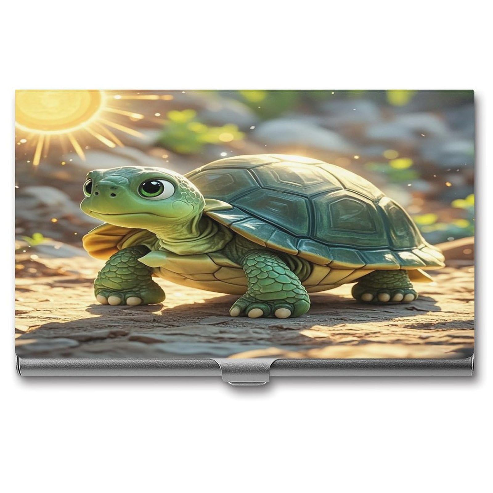 FekiLoot Turtle in The Sun Business Card Holder Aluminum Alloy Business Card Case Convenient to Carry Business Card Dispenser for Men Women