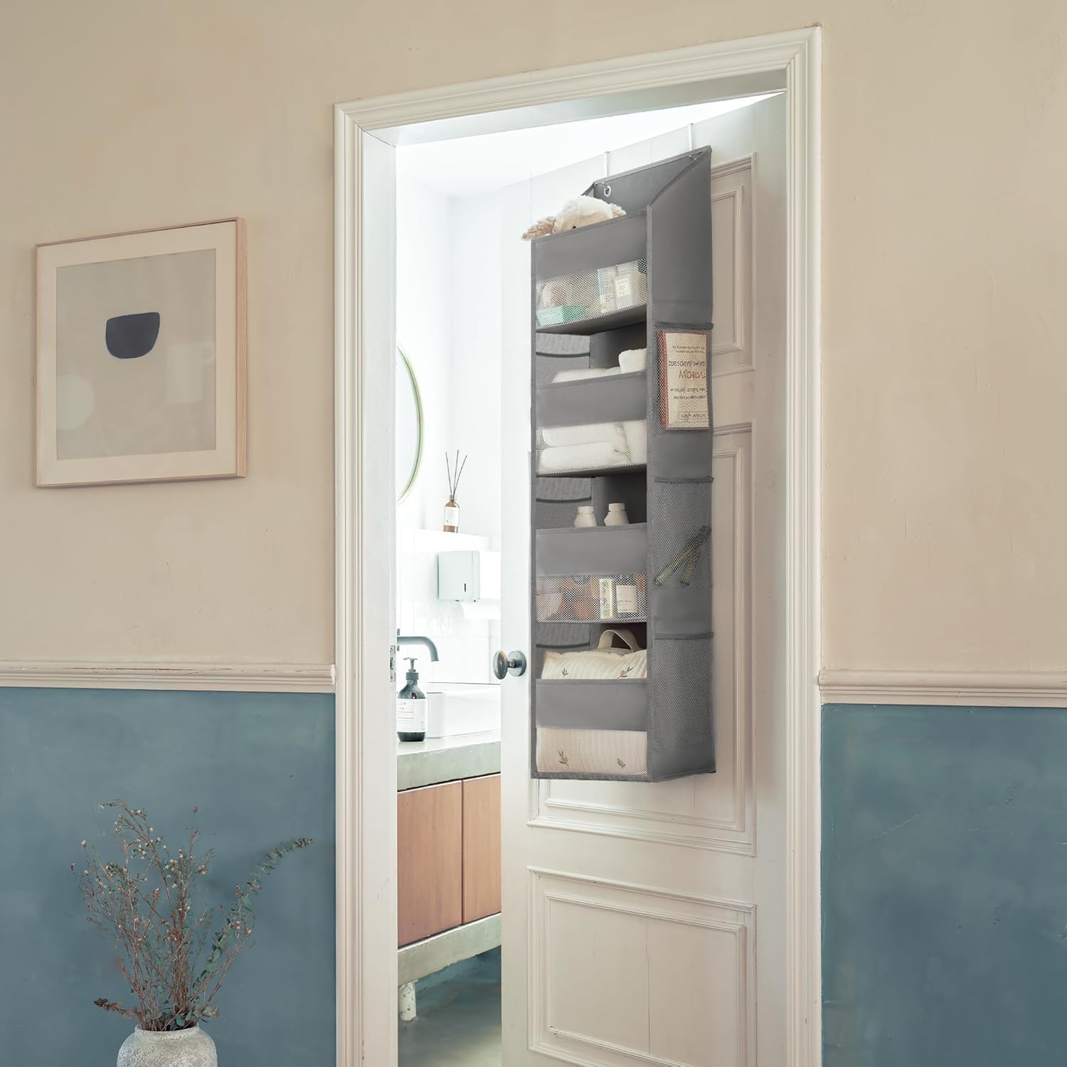 GRANNY SAYS Over The Door Organizer, 4-Shelf Behind The Door Storage with 6 Pockets, Waterproof 300D Oxford Fabric Hanging Organizer, Anti Tilt 35lb Load Hanging Shelf for Nursery, Bathroom, Grey - Image 2
