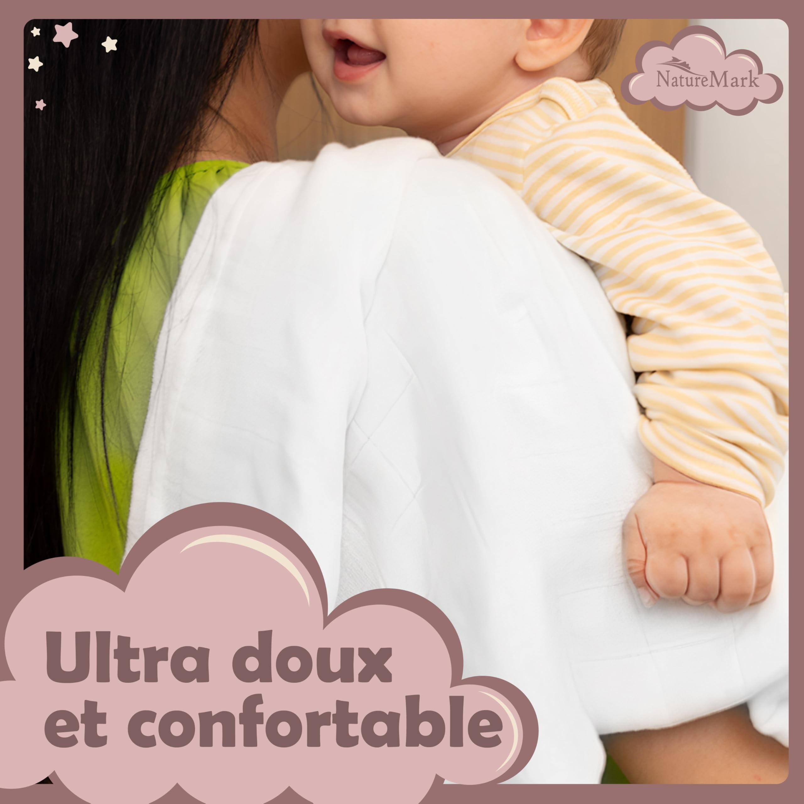 NatureMark Lot de 10 Linges en Mousseline pour Bébé – 100% Coton – Tissus Doux et Absorbants pour Allaitement & Soin du Bébé, Couches, Langes & Gants de Toilette – 70x70 cm, Blanc