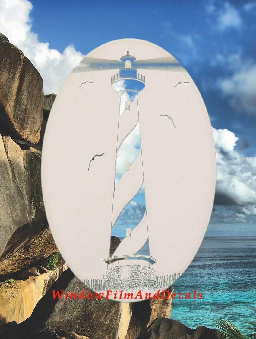 Hatteras Lighthouse Oval Etched Window Decal Vinyl Glass Cling - 15" x 23" - White with Clear Design Elements