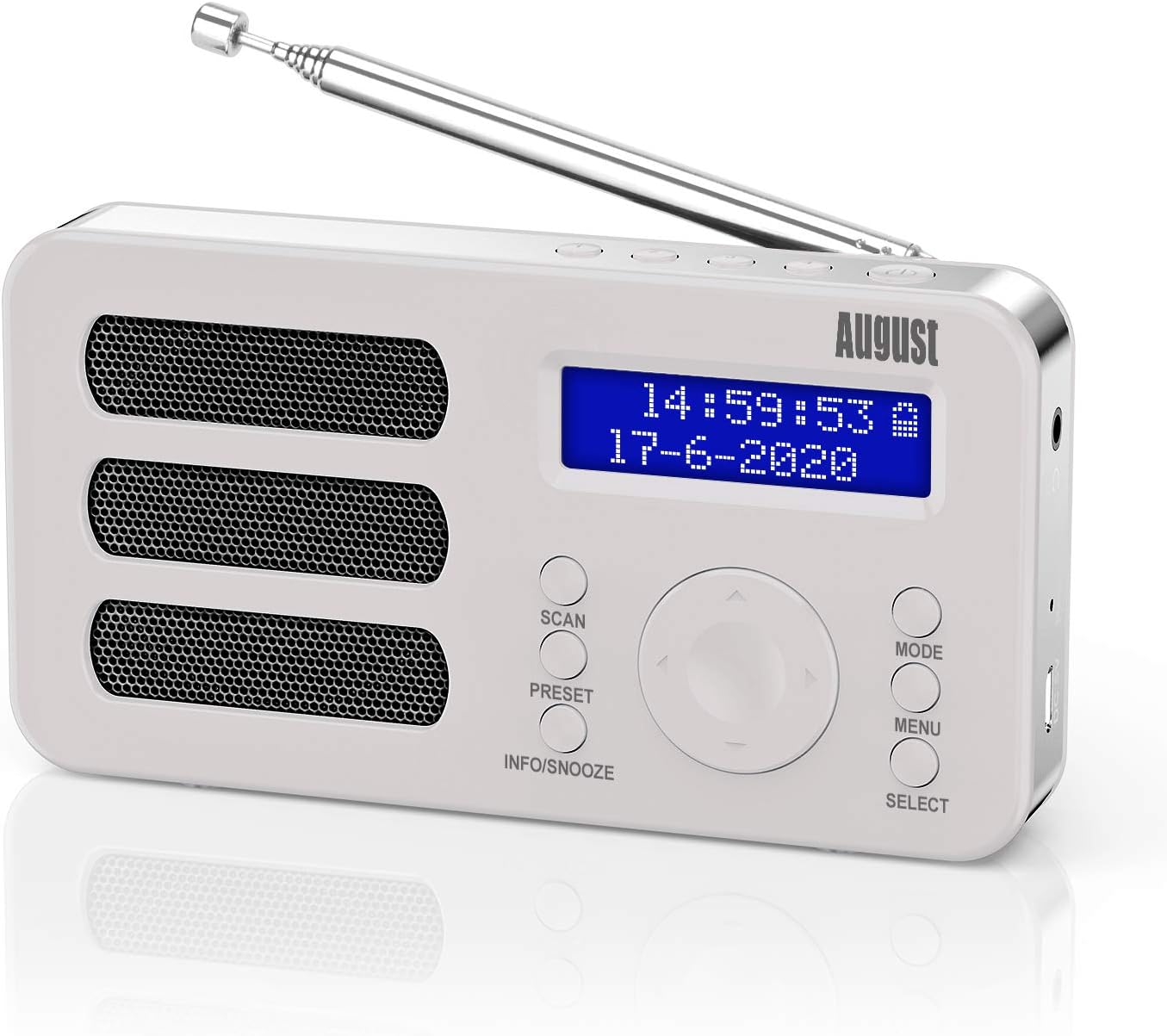 Radio Portátil Digital FM DAB PLUS - August MB225 Pequeña Radio VHF Inalambrica con Batería Recargable - 40 presintonías Pantalla LCD Casa Trabajo, Enchufable Jack 3.5mm Dual Alarma Despertador Blanco