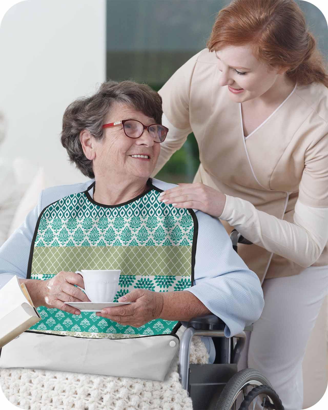 Boho Turquoise Floral Adult Bib for Eating with Crumb Catcher,Washable Waterproof Terry Cloth Adjustable Elderly Women Men Adult Bibs Apron Clothing Protector Modern Geometric Oriental Tribal Mandala