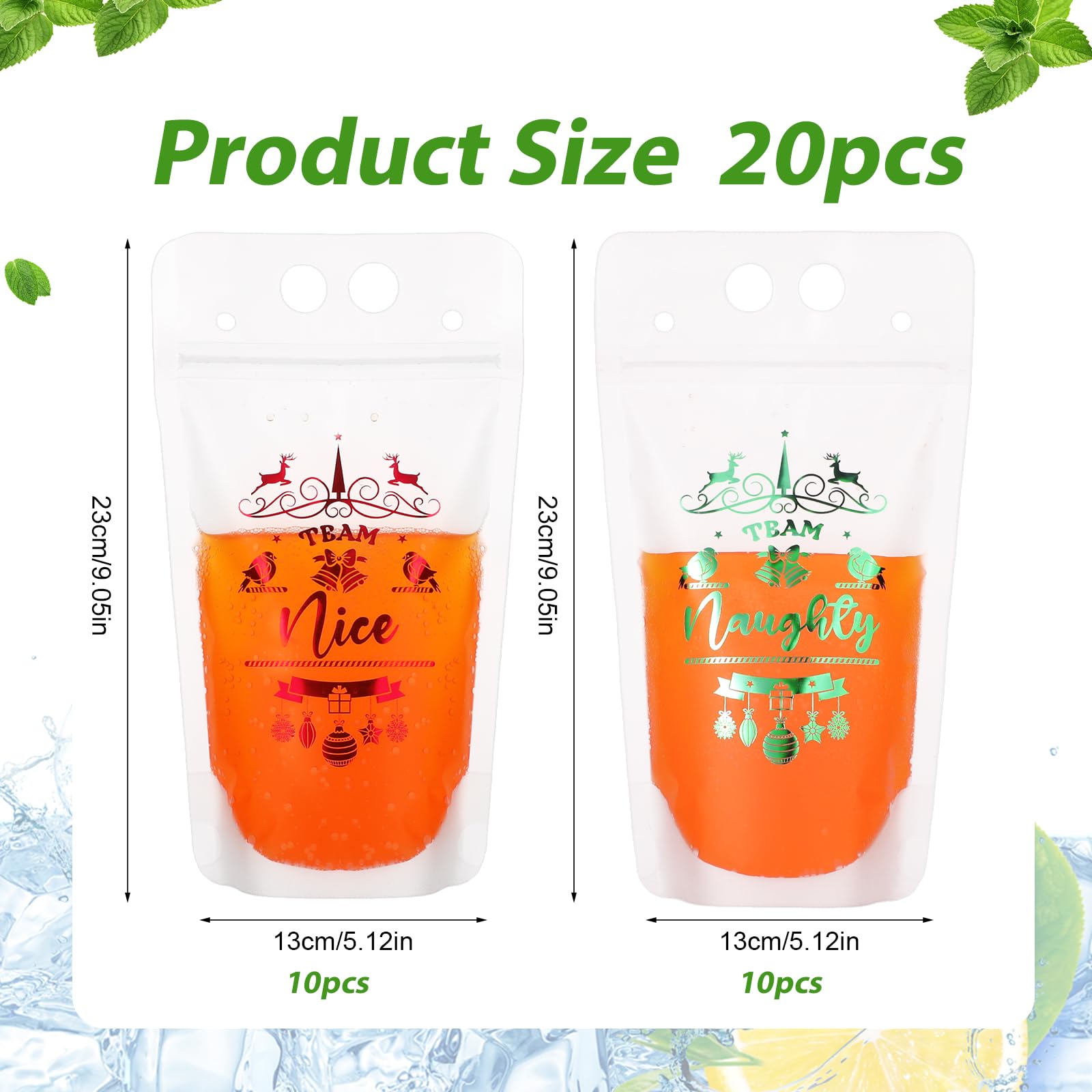 20pcs Christmas Drink Pouches, Team Naughty & Team Nice Reusable Juice Pouches Christmas Bell Ball Elk Drink Container for Wine Cocktail Cola Party Drinkware Supplies