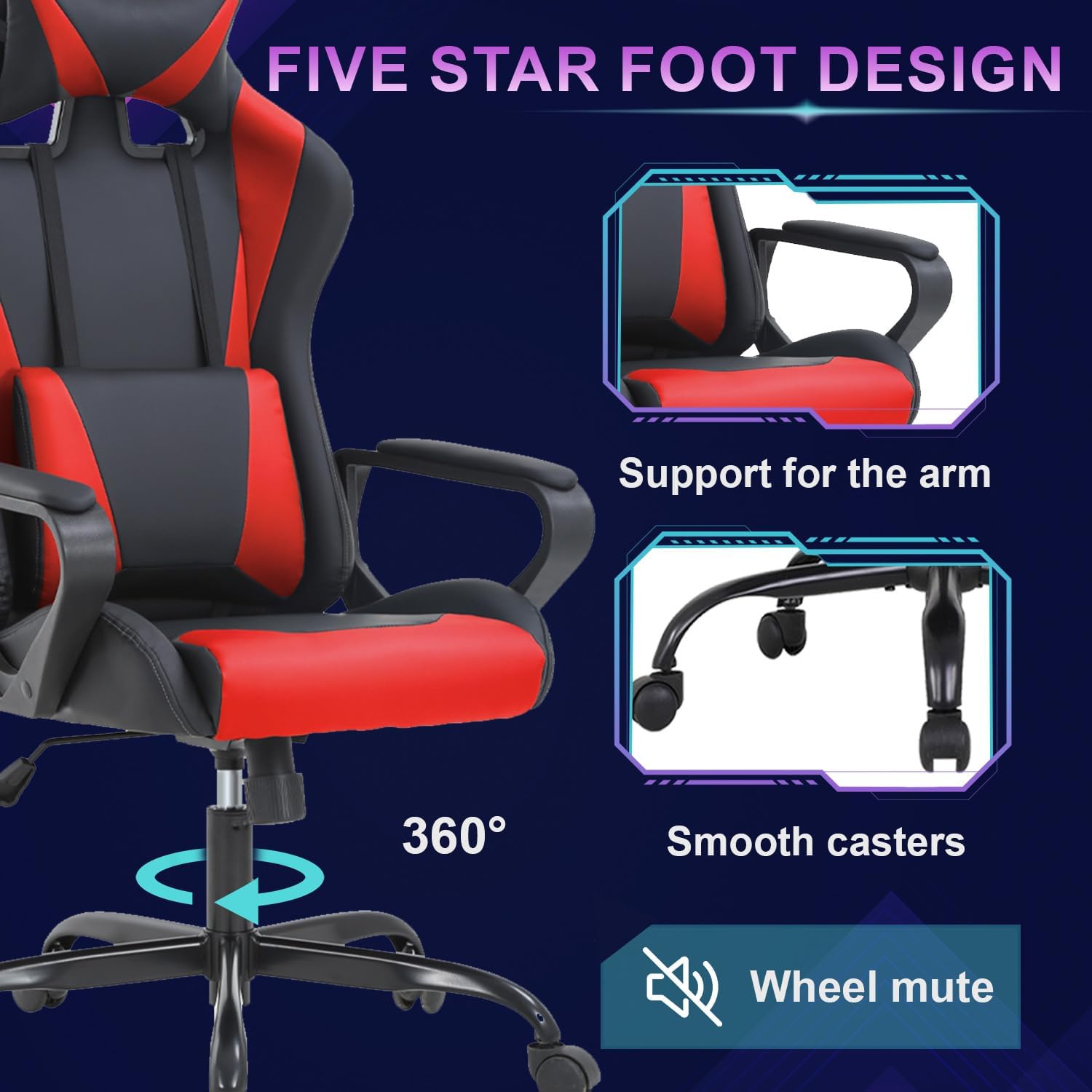 Home Office Gaming Chair,High-Back Ergonomic PC Computer Chair w/Lumbar Support Headrest PU Swivel Rolling Chair Task Executive Desk Chair for Teens Men and Adults,Red