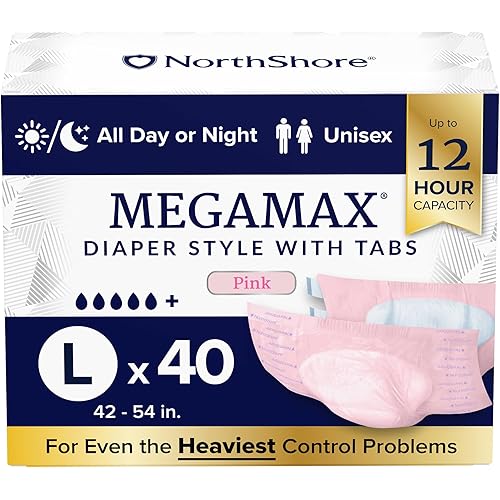 NorthShore MegaMax Adult Overnight Diapers, 12-Hour Tab-Style, Large, 40 Count Case, Pink, 42-54 inches, Unisex Incontinence Underwear