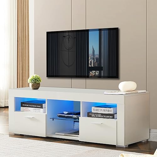Miniatura 10 de Olela Soporte de TV con luces LED, consola de TV moderna para centro de entretenimiento, armario de TV minimalista de madera con cajón de
