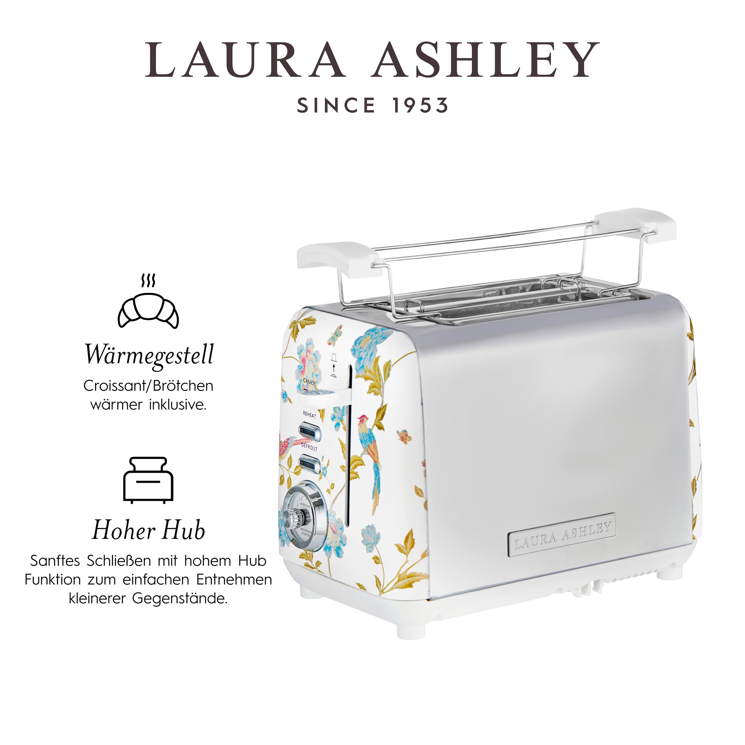 VQ Laura Ashley 2-Scheiben-Toaster mit einstellbaren Heiz-, Auftau- und Aufwärmmodi - Edelstahl Vintage-Toaster mit Aufsatz zum Aufwärmen von Croissants - Elveden White
