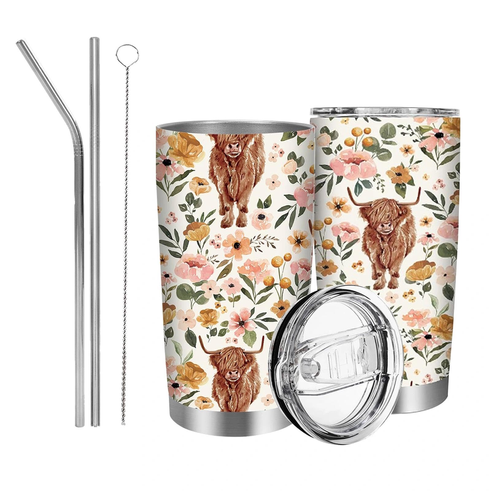 Fakcrkun Highland Cow Gifts for Women, Floral Highland Cow Stainless Steel Vacuum Coffee Cup, 20oz Personalized Travel Mug with Straws and Brush, Insulated Coffee Cup & Wine Tumbler