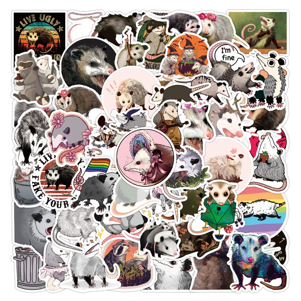 50 PCS Possum Stickers, Vinyl Waterproof Cute Mouse Decals Pack for Water Bottle, Scrapbooking, Luggage, Laptop for Adults Kids