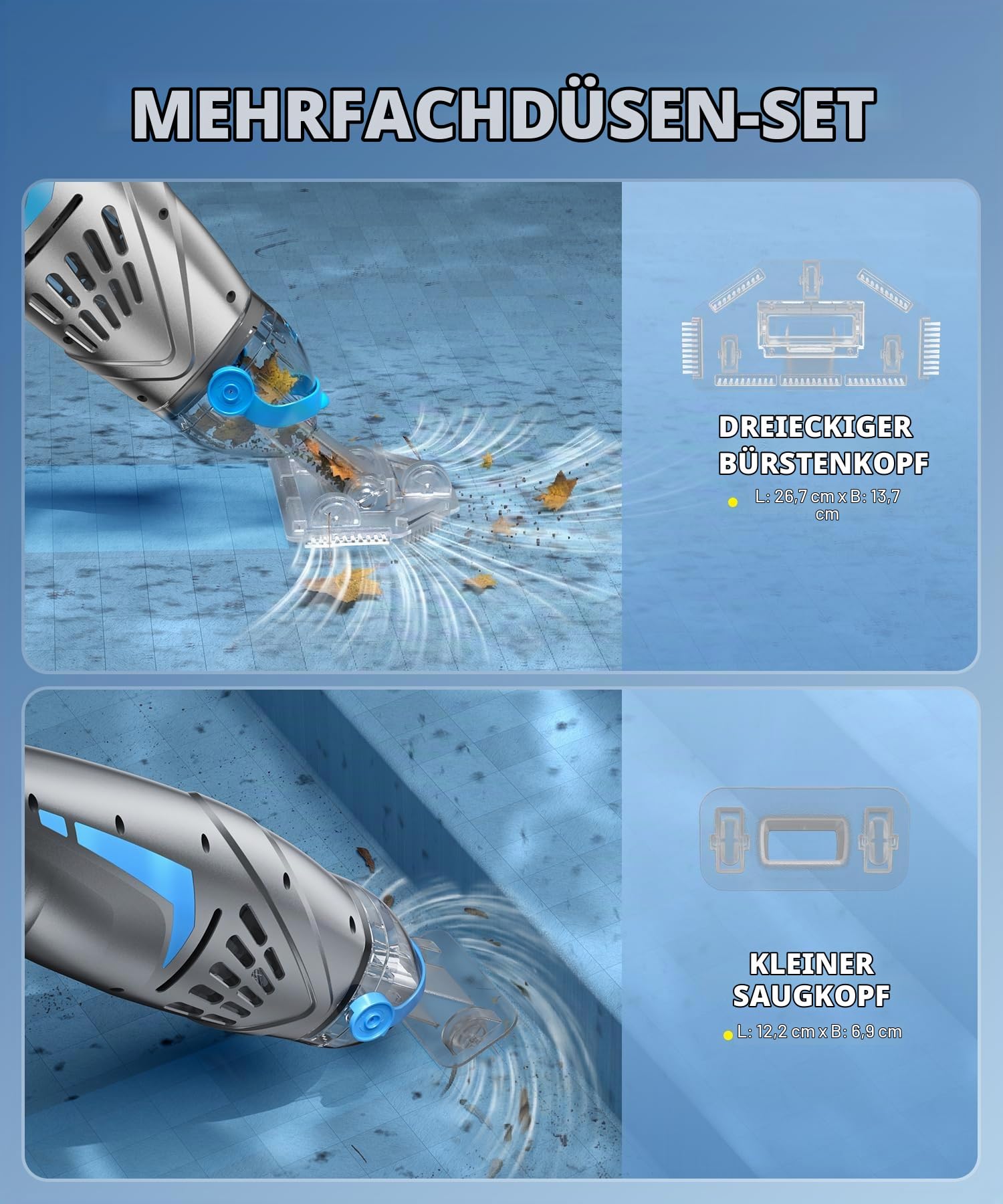 UIRWAY V3 Poolsauger Akku Bodensauger, 6000 L/H 26,5 GPM Hochleistungs-Saugkraft Kieselsteine, 2026 Neuer IPX8 Handpoolsauger mit Pool Sauger akku elektrisch, 2 Saugköpfe & 4 Filter, 60 Minuten