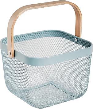 Metal Mesh Steel Harvest Basket, Square Wire Garden Basket with Handle Multi-Functional Storage Organizer for Gathering Vegetables, Fruits, Kitchen, Garden, Picnic Aqua-Square