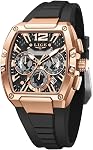 Men's Watch Skeleton Tonneau Square Chronograph Stainless Steel Waterproof Luminous Date Analog Watches Silicone Strap Durable Fashion Casual Business Dress Wrist Watch