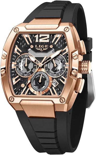 Men's Watch Skeleton Tonneau Square Chronograph Stainless Steel Waterproof Luminous Date Analog Watches Silicone Strap Durable Fashion Casual Business Dress Wrist Watch