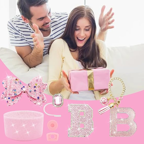 7PCS Pink Stanley Cup Accessories Set,Initials Decorations for Stanley Cup 30oz 40oz,Includes Jewel Straw Topper,Spill Proof Stopper, Handle Charm,Sparkly Silicone Boot,Letter Sticker,Bow (pink B)