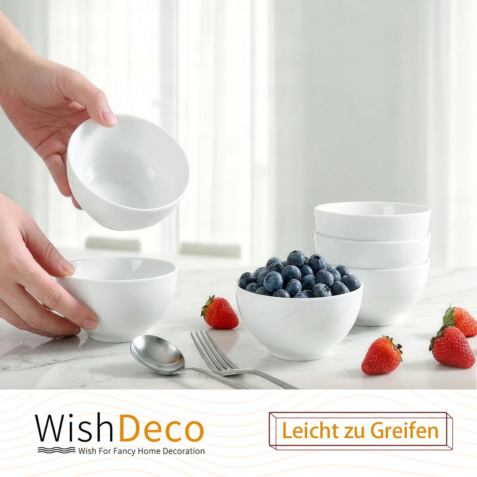 WishDeco Dessertschalen 6er Set, Kleine Müslischalen 300ml, Suppenschalen Porzellan Weiß, Snackschale Keramik, Mini Bowl Schüssel für Eis, Joghurt, Nüsse