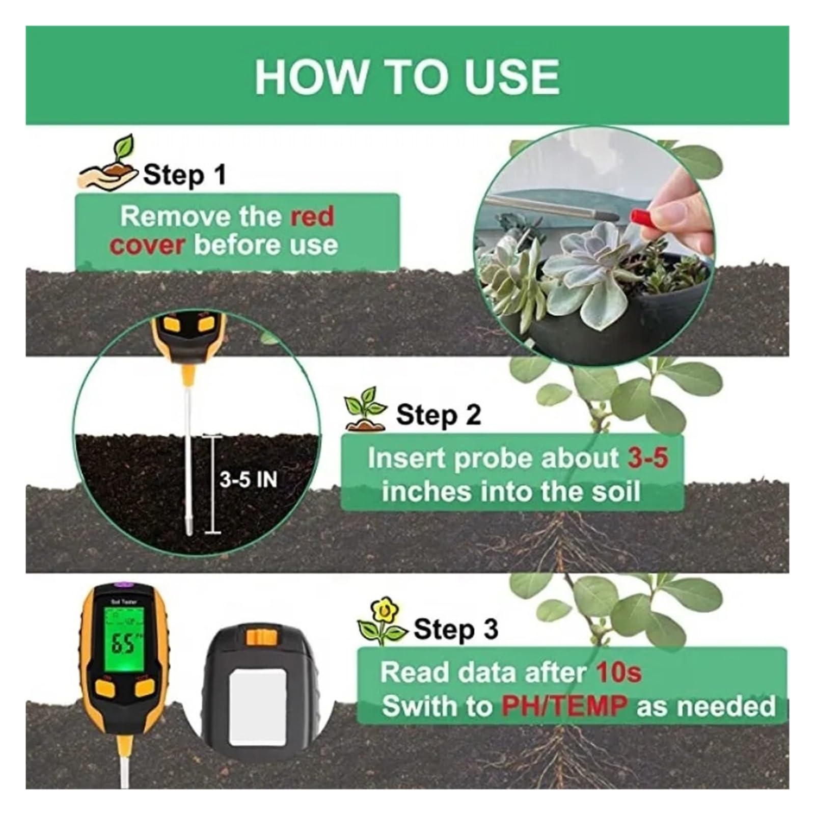 Medidor de humedad del suelo Medidor Digital De Humedad Del Suelo 4 En 1/5 En 1, Temperatura De La Planta, Medidor De PH Y Humedad Del Suelo, Intensidad De La Luz Solar, Humedad Ambiental Fiable y Pre