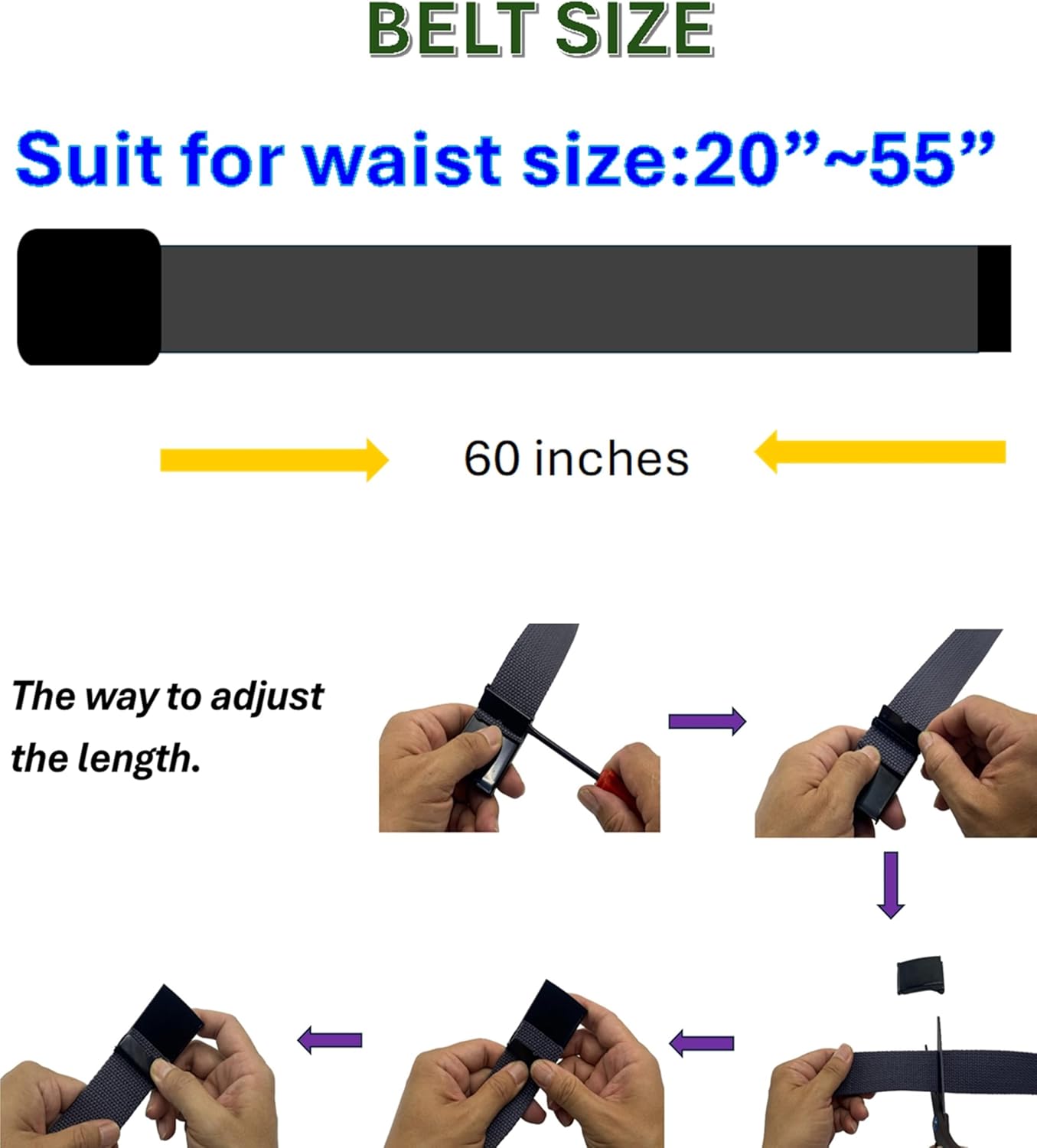 Canvas Belt Web Belt Military Belt Golf Belt with Black Flip-Top Buckle and Tip Waist Size Up to 55" Long Black Buckle - Image 7