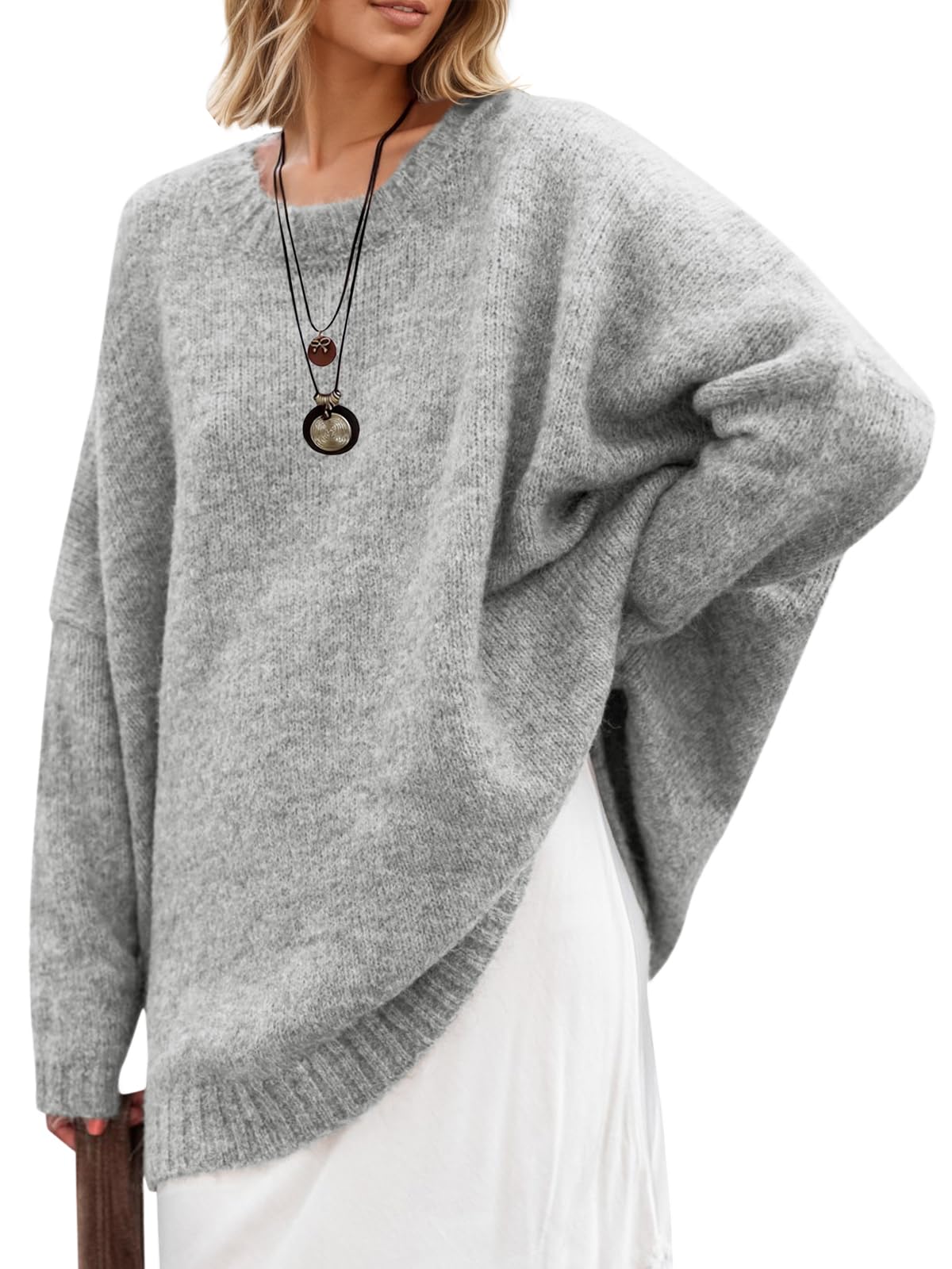 Saodimallsu Womens Oversized Tunic Sweaters Chunky Knit Slouchy Pullover Large Grey