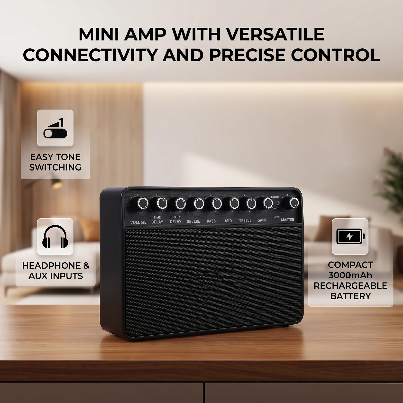 Pongnas Amplificatore per Chitarra Wireless Bluetooth, Mini Amplificatore Portatile con Batteria Ricaricabile USB C, Ingresso AUX, Jack per Cuffie per Prove Silenziose