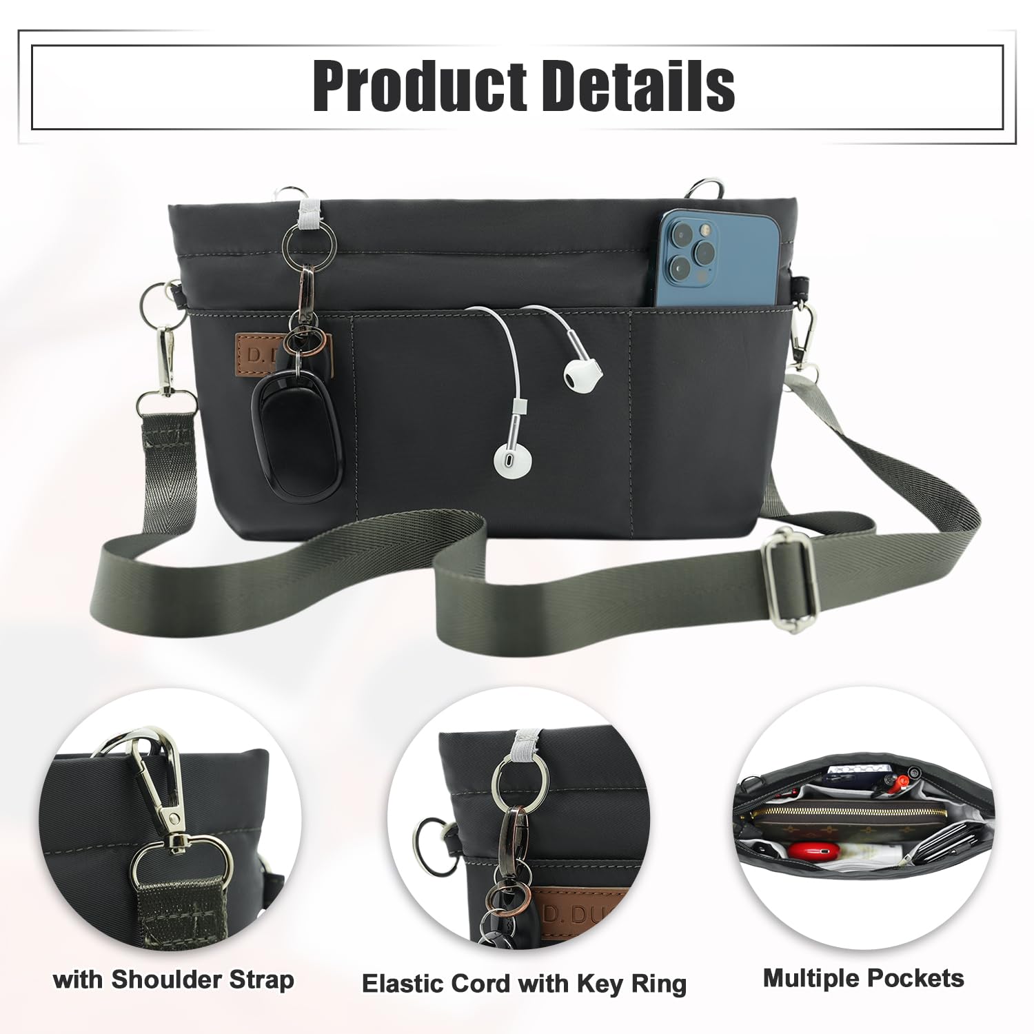 D.DUO Organizador de bolsos, bolso cruzado, organizador de bolsos con correa ajustable, insertos de nailon impermeables para bolsos (Gris oscuro, XL)