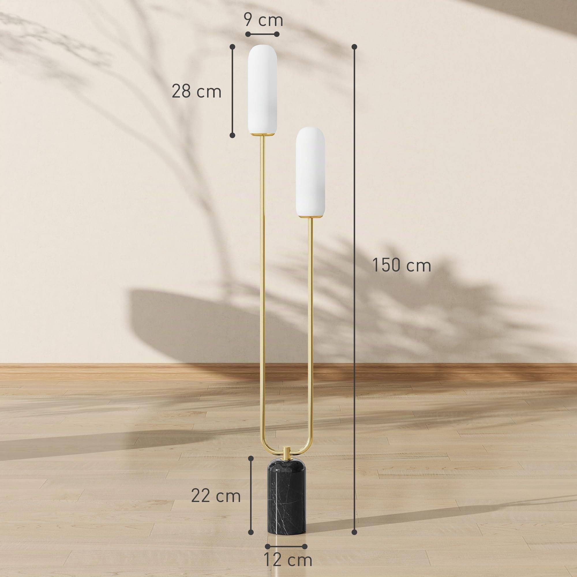 HOMCOM Lampada da Terra a U con 2 Luci e Interruttore a Pedale, Lampada a Piantana in Vetro e Acciaio con Base in Marmo, 26x12x150 cm, Bianco Nero e Oro