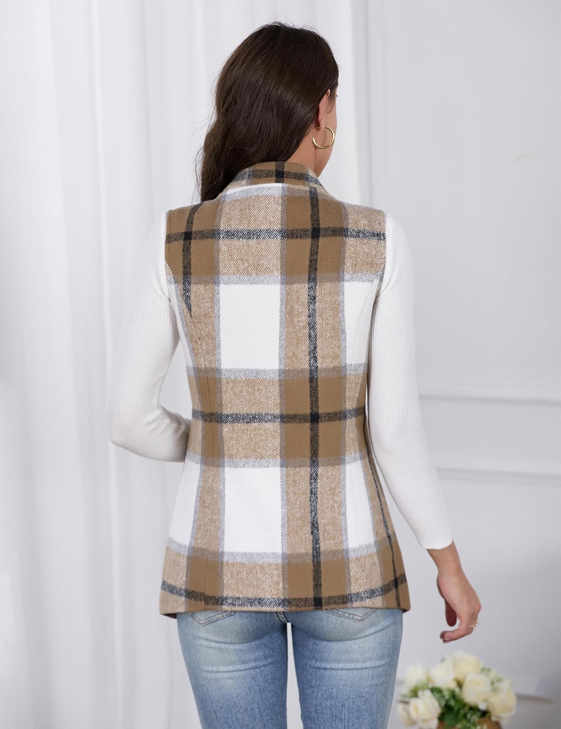 IDEALSANXUN Wool Vest for Women 2025 Fall Winter Sleeveless Blazer Jackets Plaid Cardigan Outwear Tweed Vest, Khaki, M - Image 7