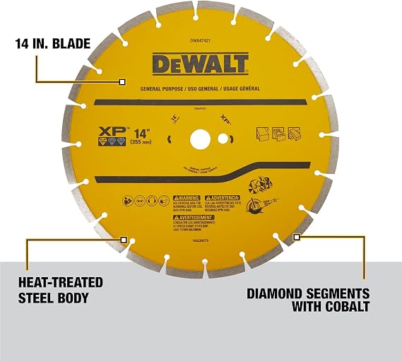 DEWALT 14 in Circular Saw Blade, Dry Wet, Segmented Rim Diamond Blade, 1 in Arbor Size, Extended Performance (DWA47421)