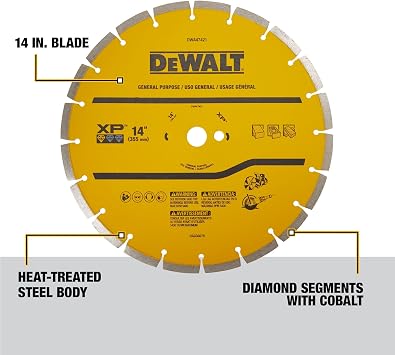 DEWALT 14 in Circular Saw Blade, Dry Wet, Segmented Rim Diamond Blade, 1 in Arbor Size, Extended Performance (DWA47421)
