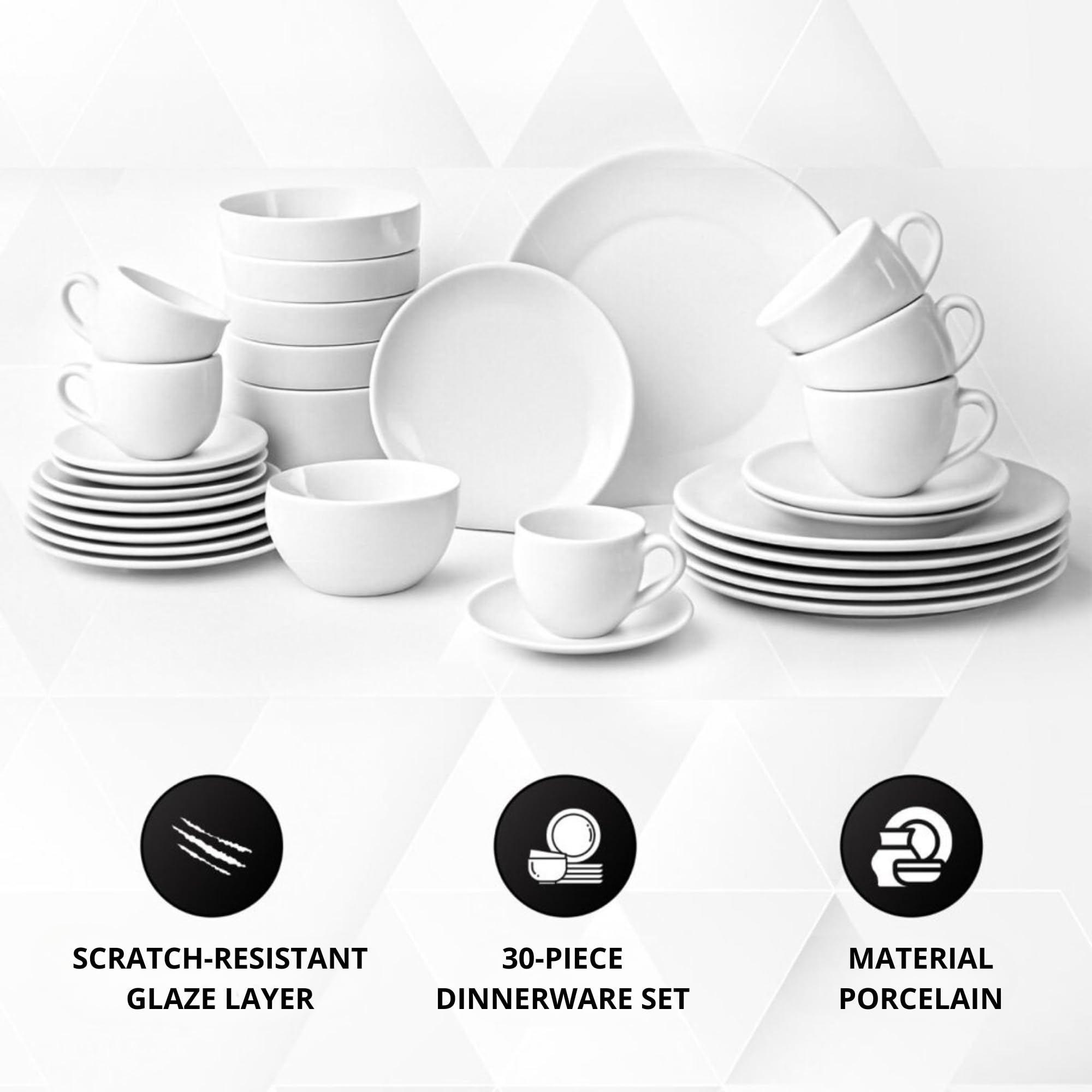 Bayt Service de Table 30 Pièces - Porcelaine Premium - Set pour 6 Personnes - Assiettes Plates, Creuses & à Dessert - Design Blanc Moderne - Résistant au Lave-Vaisselle et Micro-Ondes