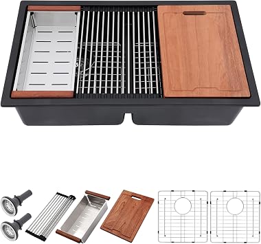 33 Black Undermount Kitchen Sink Double Bowl