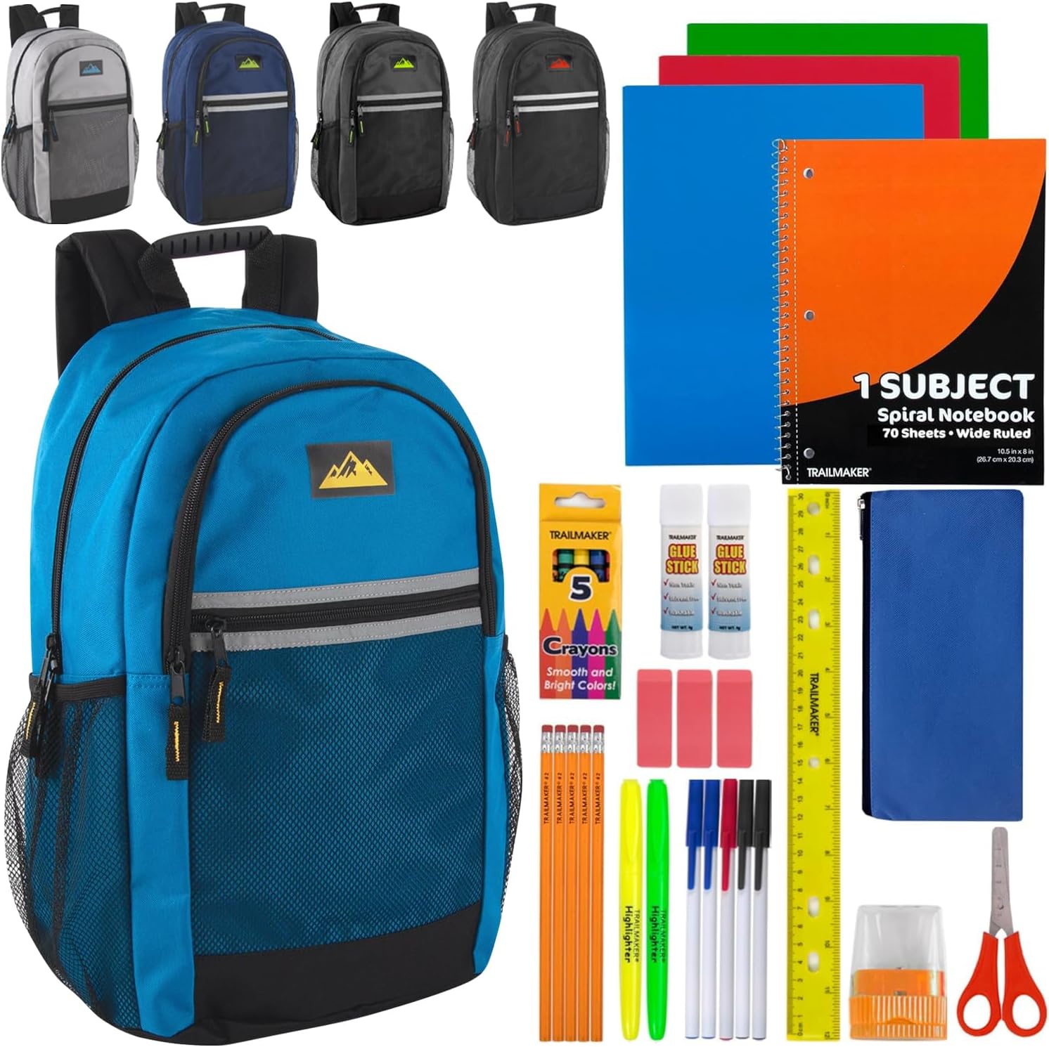 12 Pack 18 Inch Bulk Backpacks with Stationery Supplies, Preassembled Backpacks with Essential Office Supply Kit (Male Assortment)